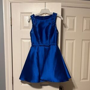 Royal Blue Satin Fit-and-Flare Prom Dress with Sequin Accents
